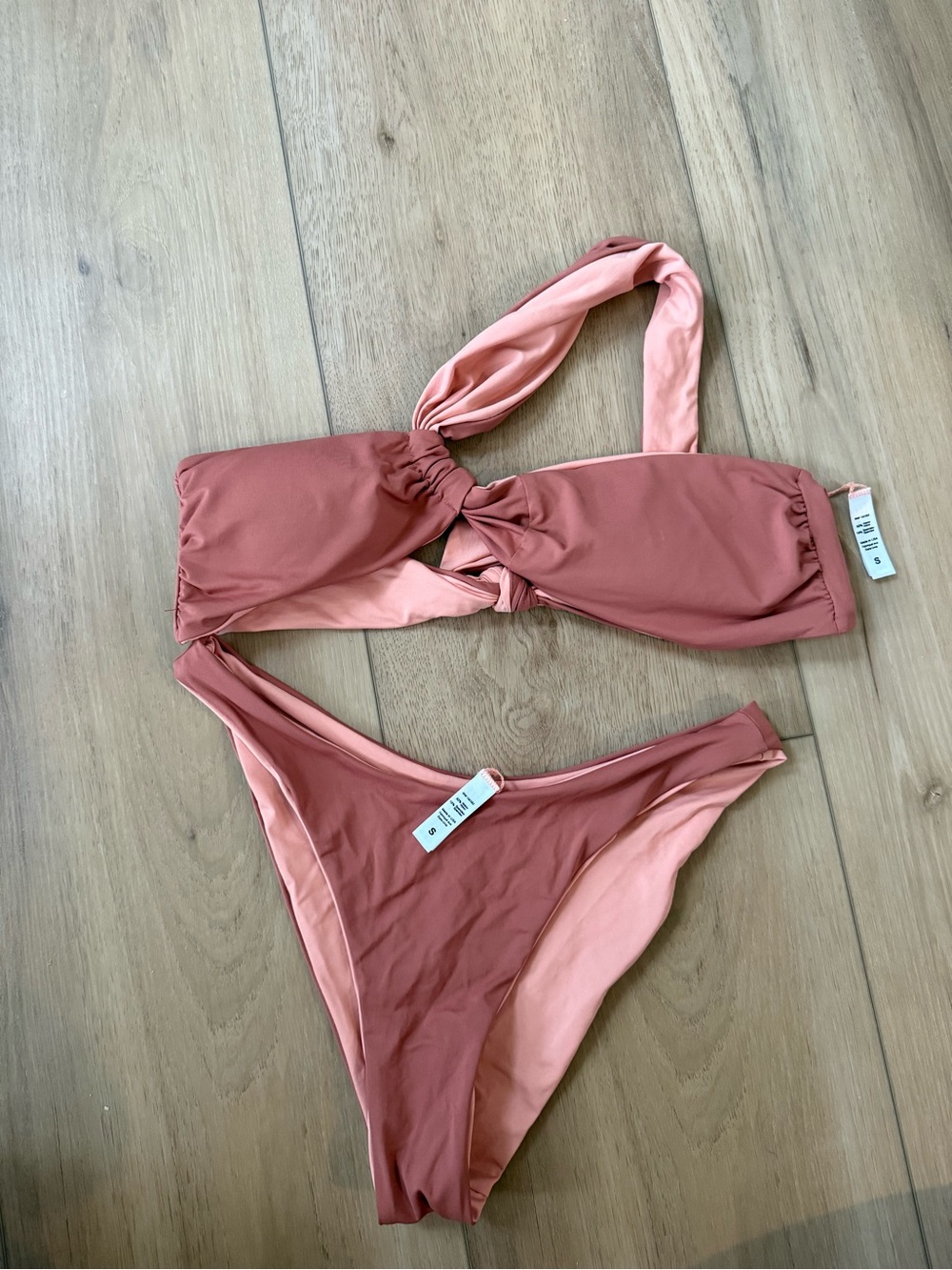 Twist Front Two-Tone Pink Bandeau Bikini Set